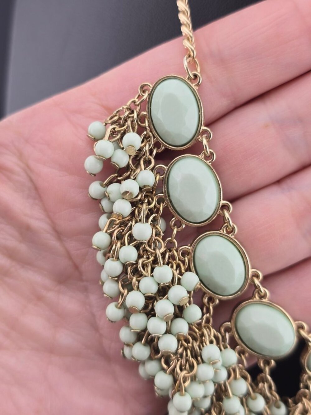 Mint Green Statement Necklace Gold Tone Chain Beaded Fringe Adjustable 21" - Picture 5 of 9